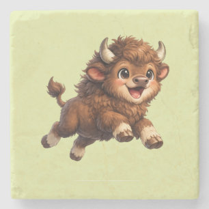 Adorable Bison Playfully Running with a Joyful Stone Coaster