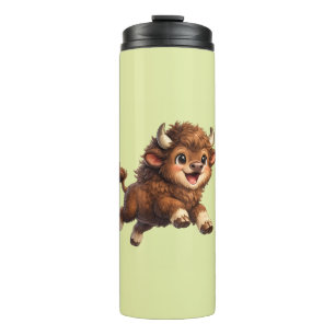 Adorable Bison Playfully Running with a Joyful Thermal Tumbler
