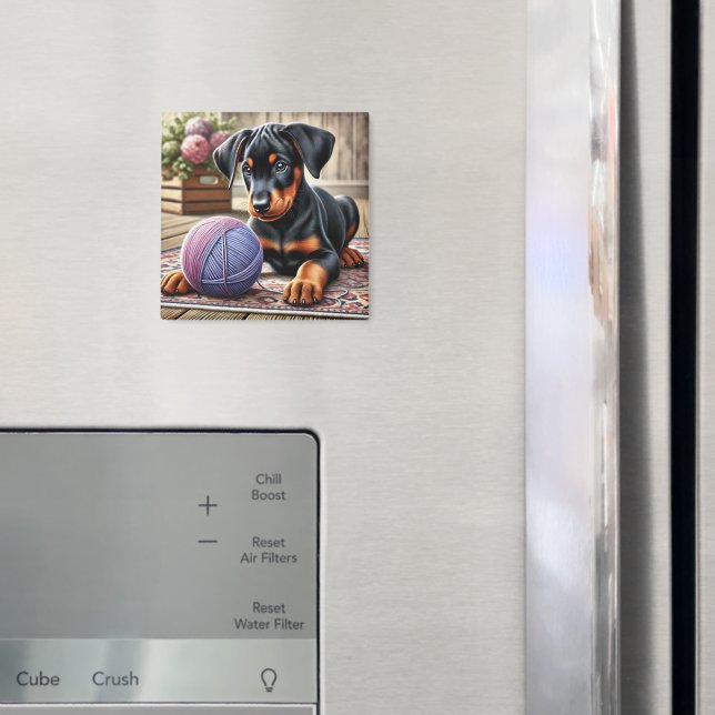Adorable Black and Tan Puppy with Yarn Ball  Magnet (In Situ (Fridge))