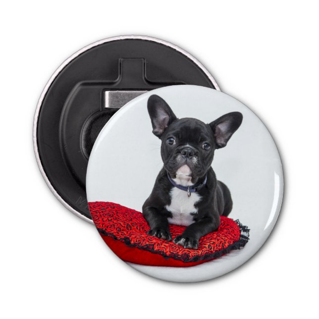 Adorable Black and White Bulldog Puppy Photo Bottle Opener (Front)