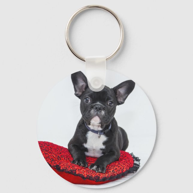 Adorable Black and White Bulldog Puppy Photo Key Ring (Front)