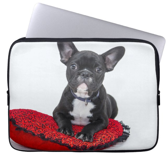 Adorable Black and White Bulldog Puppy Photo Laptop Sleeve (Front)