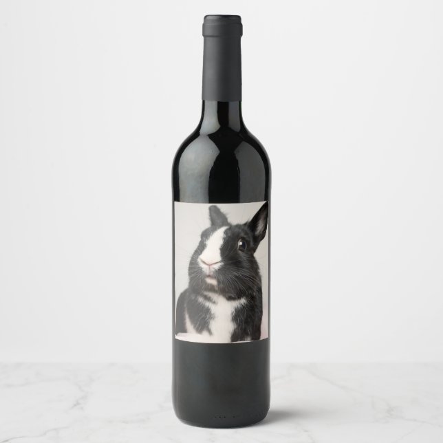 Adorable Black and White Bunny Rabbit Wine Label (Front)