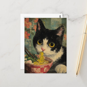 Adorable Black and White Cat Eating Noodles Postcard