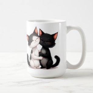 Adorable Black and White Cats Hugging in a Loving Coffee Mug