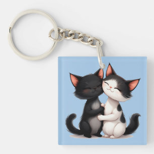 Adorable Black and White Cats Hugging in a Loving Key Ring