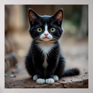 Adorable Black and White Kitten Sitting Outdoors Poster