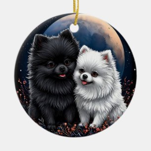 Adorable Black and White Pomeranian Puppies Ceramic Ornament