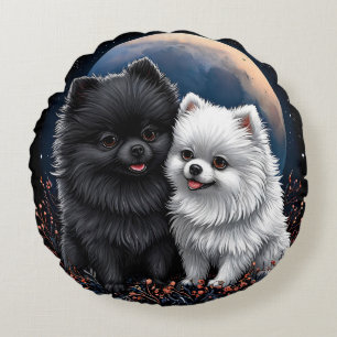 Adorable Black and White Pomeranian Puppies Round Cushion