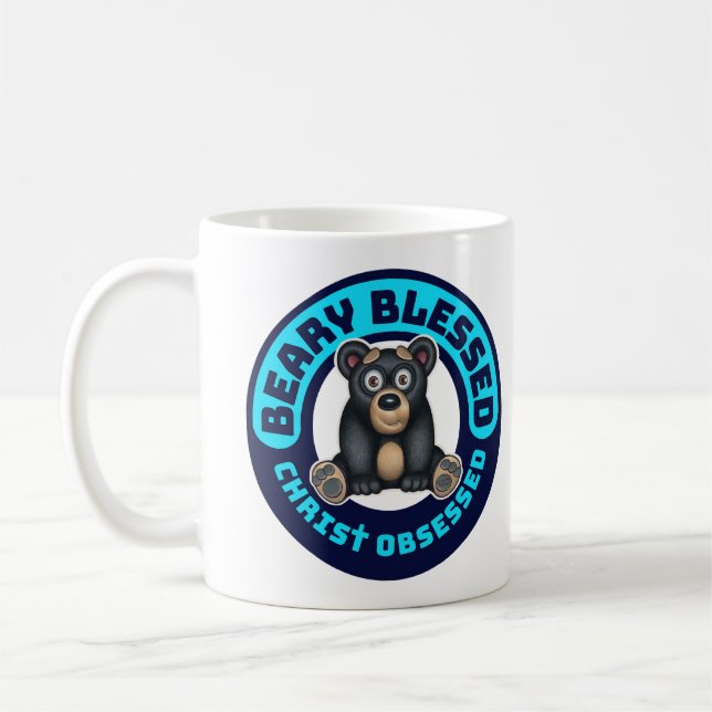 Adorable Black Bear, Beary Blessed Christ Obsessed Coffee Mug (Left)