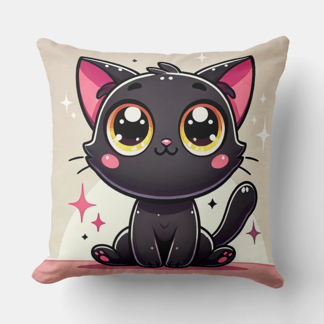 Adorable Black Cartoon Cat Cushion (Front)