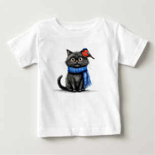 Adorable Black Cat & Bird Adorable Cartoon Infant Baby T-Shirt
