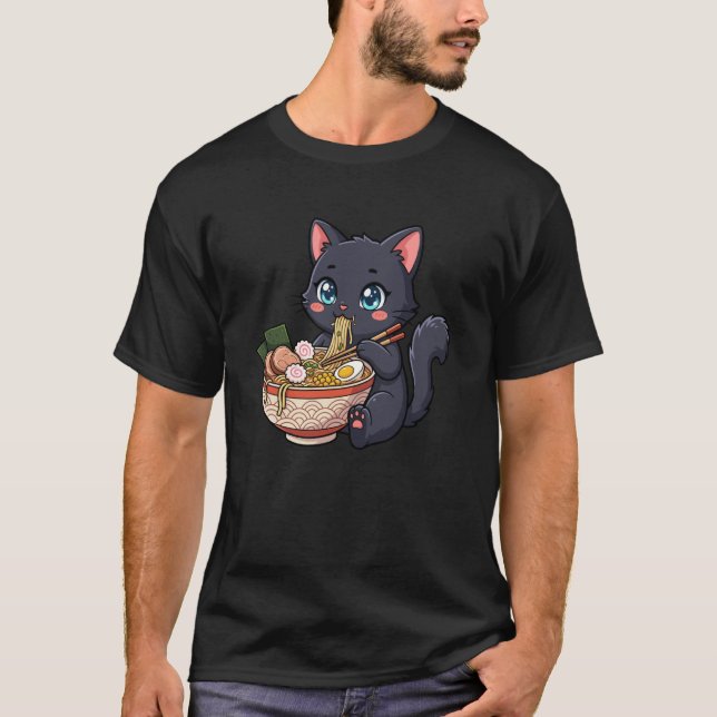Adorable Black Cat Eating Ramen Kawaii Design Boys T-Shirt (Front)