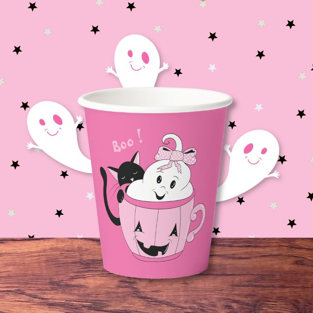 Adorable Black Cat Ghost Pink Halloween Paper Cup (Adorable black cat and ghost pink Halloween paper cup (single , no lid) .)