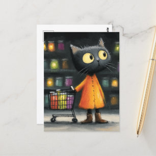 Adorable black cat grocery shopping postcard