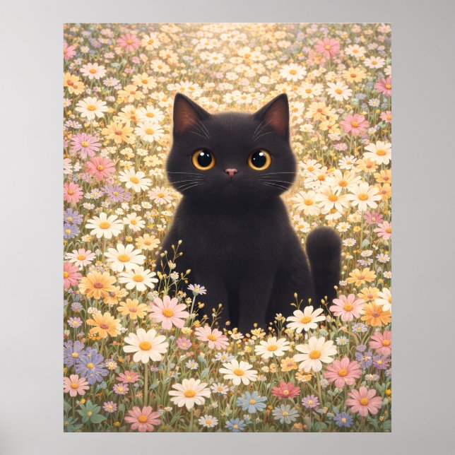 Adorable Black Cat in a Field of Daisies Poster  (Front)