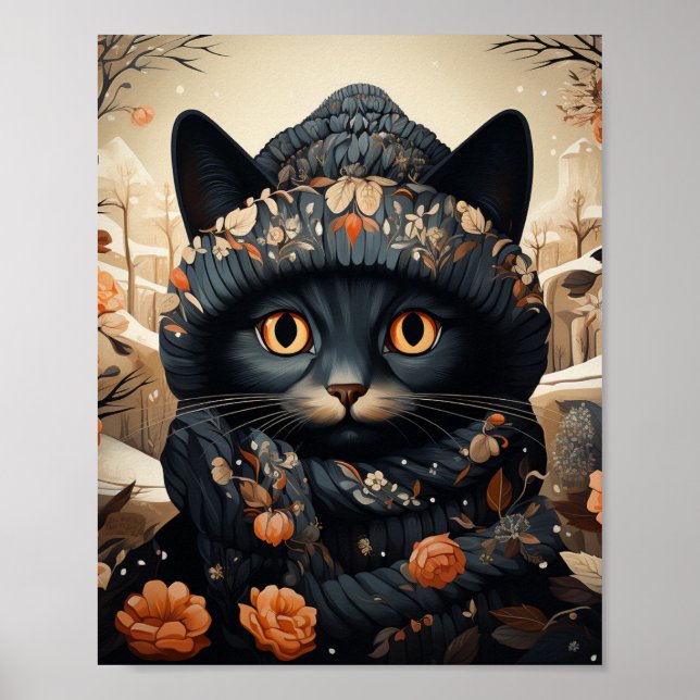 Adorable Black Cat in a Scarf and Hat Poster (Front)