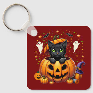 Adorable Black Cat in Pumpkin - Spooky Season! Key Ring