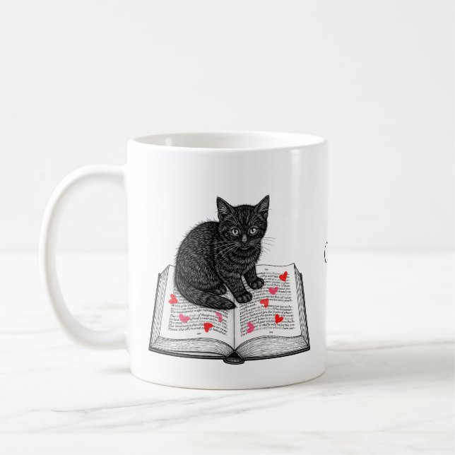 Adorable Black Cat Kitten on Book Custom Name Coffee Mug (Left)