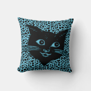 Adorable Black Cat on Animal Print Background Cushion