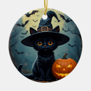 Adorable Black Cat Wearing Witch Hat Ceramic Ornament