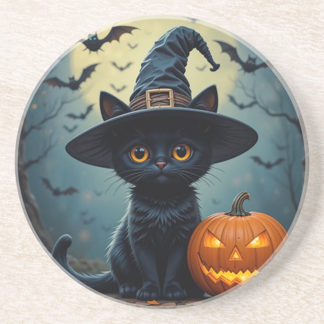 Adorable Black Cat Wearing Witch Hat Coaster (Front)