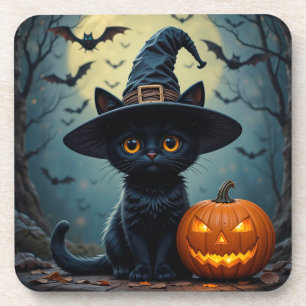 Adorable Black Cat Wearing Witch Hat Coaster