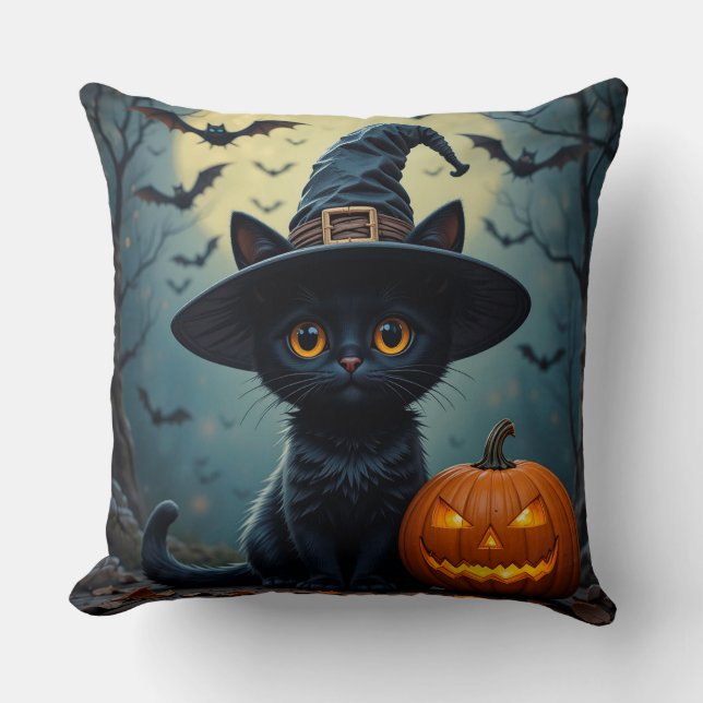 Adorable Black Cat Wearing Witch Hat Cushion (Front)