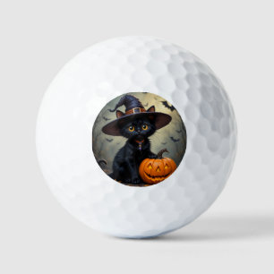 Adorable Black Cat Wearing Witch Hat Golf Balls