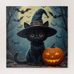 Adorable Black Cat Wearing Witch Hat Jigsaw Puzzle