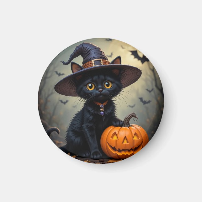 Adorable Black Cat Wearing Witch Hat Magnet (Front)