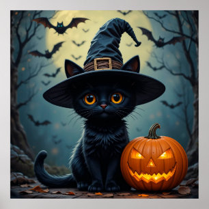 Adorable Black Cat Wearing Witch Hat Poster