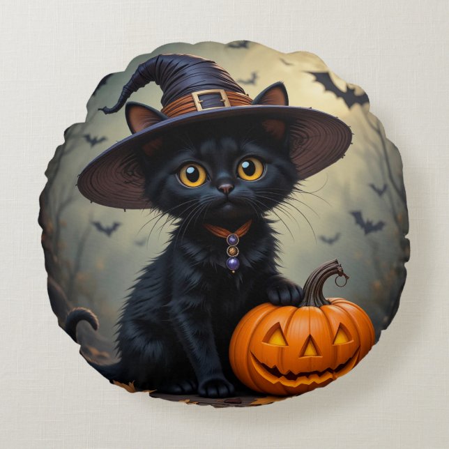 Adorable Black Cat Wearing Witch Hat Round Cushion (Front)