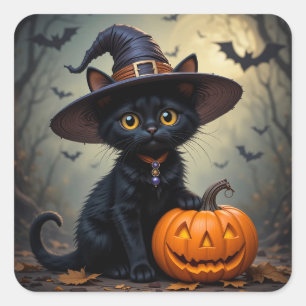 Adorable Black Cat Wearing Witch Hat Square Sticker