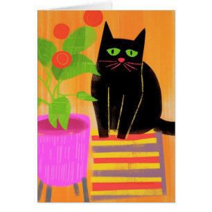 Adorable Black Cat With Houseplants Blank Inside 