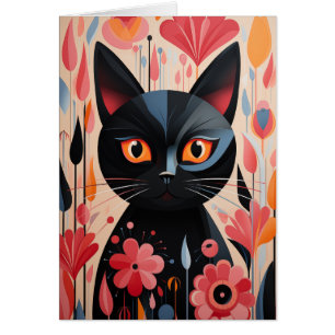 Adorable Black Cat With Pink Flowers Blank Inside 