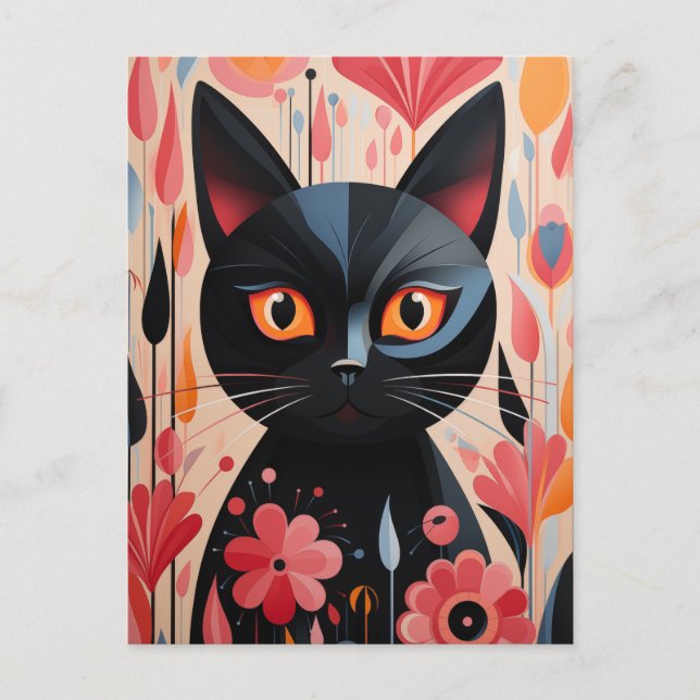 Adorable Black Cat With Pink Flowers Postcard (Front)