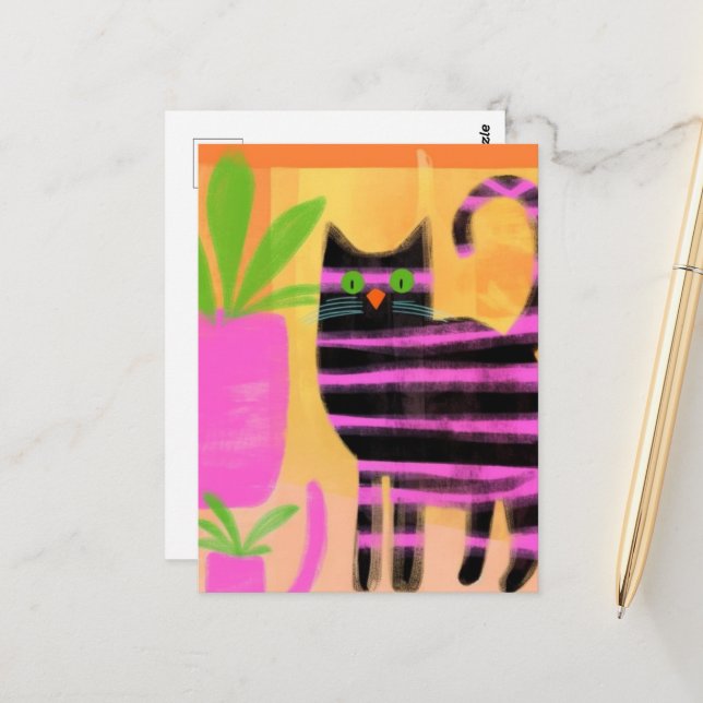 Adorable Black Cat With Pink Stripes Postcard (Front/Back In Situ)