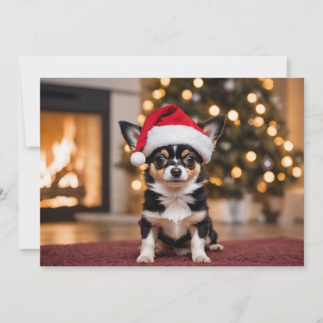Adorable black Chihuahua with Santa hat Holiday Card (Front)