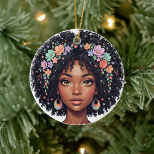 Adorable Black Girl W/ Flower Crown Afro Ceramic Ornament