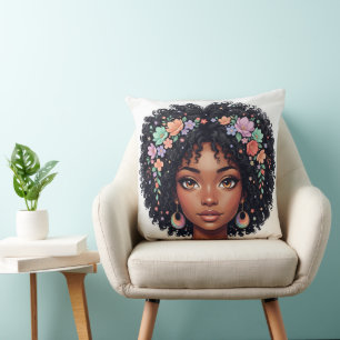 Adorable Black Girl W/ Flower Crown Afro Cushion