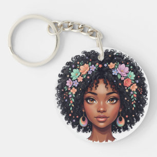 Adorable Black Girl W/ Flower Crown Afro Key Ring