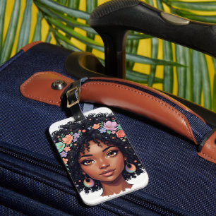 Adorable Black Girl W/ Flower Crown Afro Luggage Tag