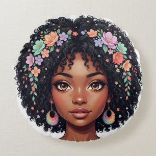 Adorable Black Girl W/ Flower Crown Afro Round Cushion