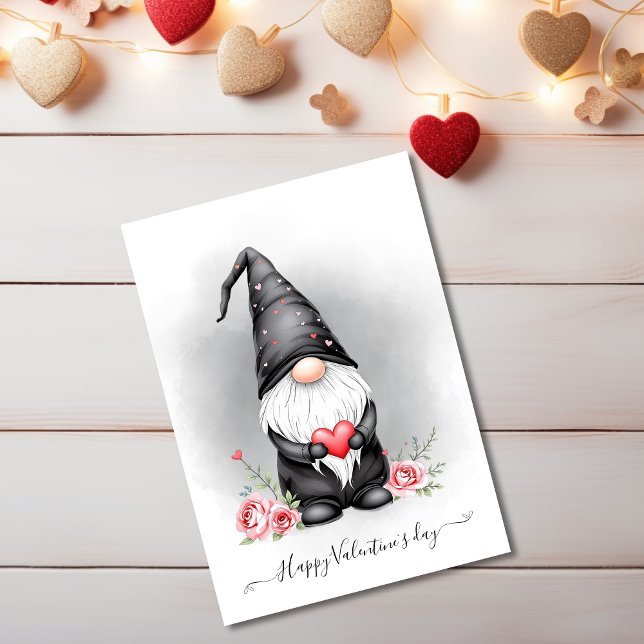 Adorable Black Gnome With Pink Heart Valentines Holiday Card (Adorable Black Gnome With Pink Heart Valentines Holiday Card)