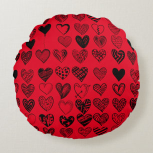 Adorable Black Heart Scribble Drawing Round Cushion
