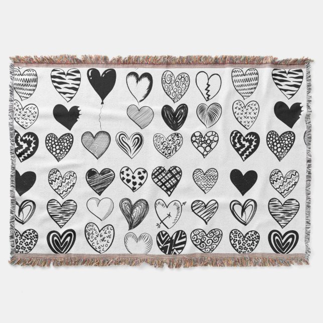 Adorable Black Heart Scribble Drawing Throw Blanket (Front)