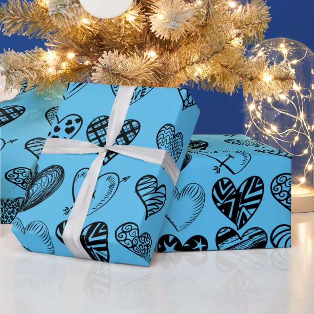 Adorable Black Heart Scribble Drawing Wrapping Pap Paper (Holidays)