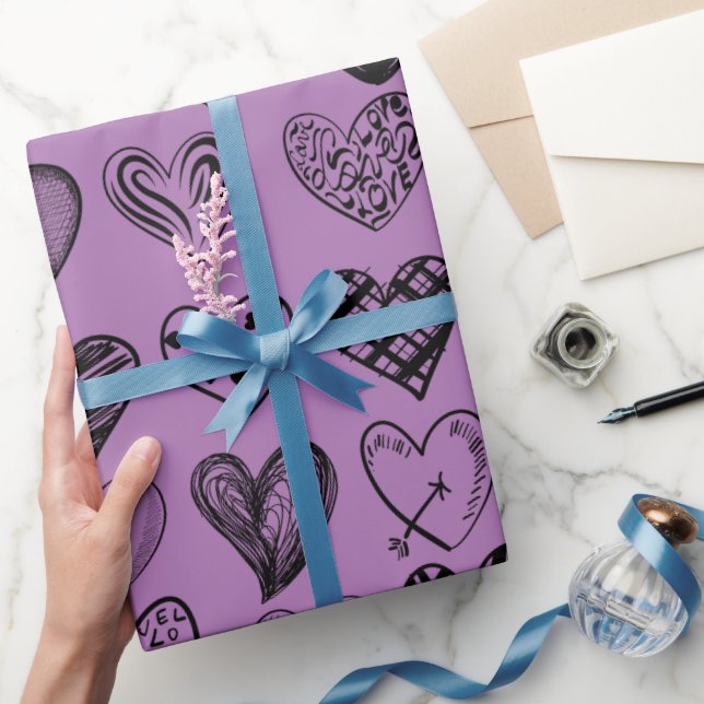 Adorable Black Heart Scribble Drawing Wrapping Pap Paper (Gifting)