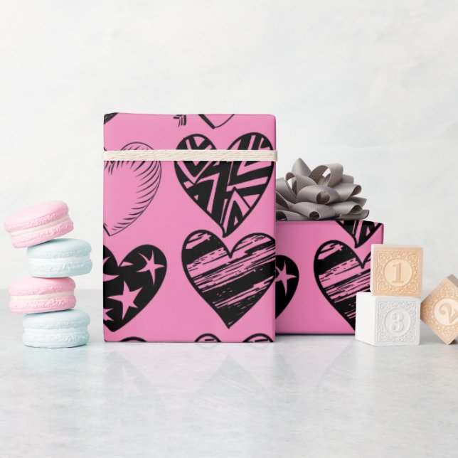 Adorable Black Heart Scribble Drawing Wrapping Pap Paper (Baby Shower)